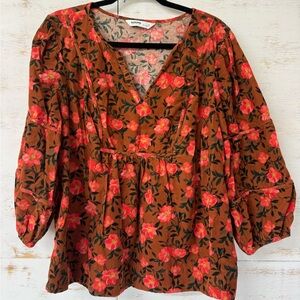 Sonoma Floral V-Neck Blouse - Brown and Red